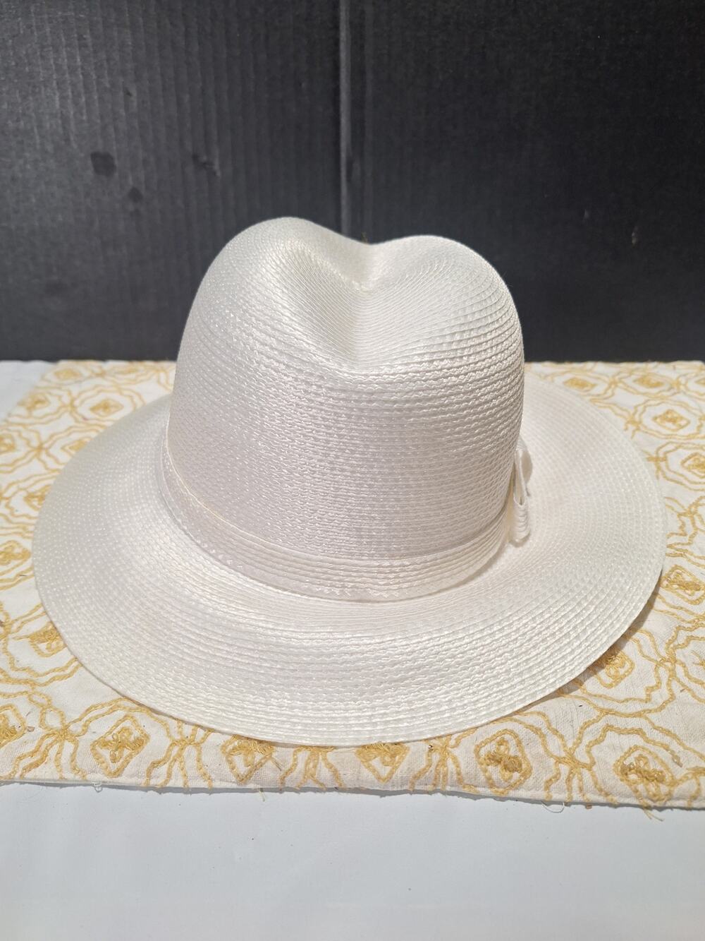 Vintage White Woven Fedora Hat Made in Taiwan R.O.C. Structured Brim Bow Band